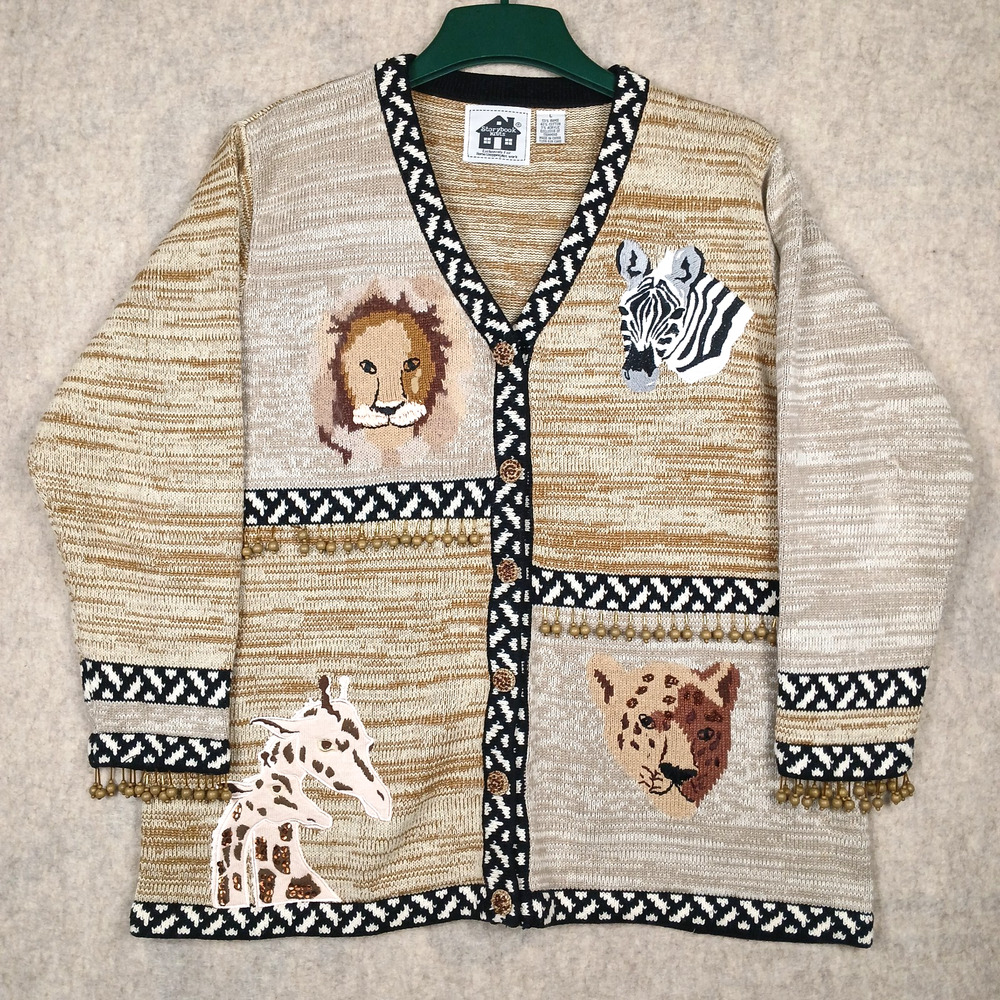 Vintage Storybook Knits Safari Cardigan Sweater Women's L Tan Embroidered 90s